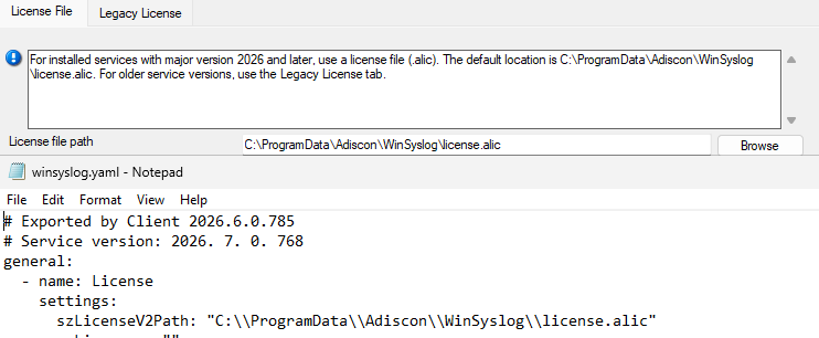 MonitorWare Agent configuration client License File tab and YAML export showing szLicenseV2Path