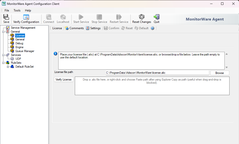 MonitorWare Agent configuration client General License page for applying license.alic
