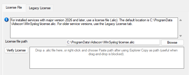 MonitorWare Agent 2026 configuration client License File tab with license.alic path and browse control