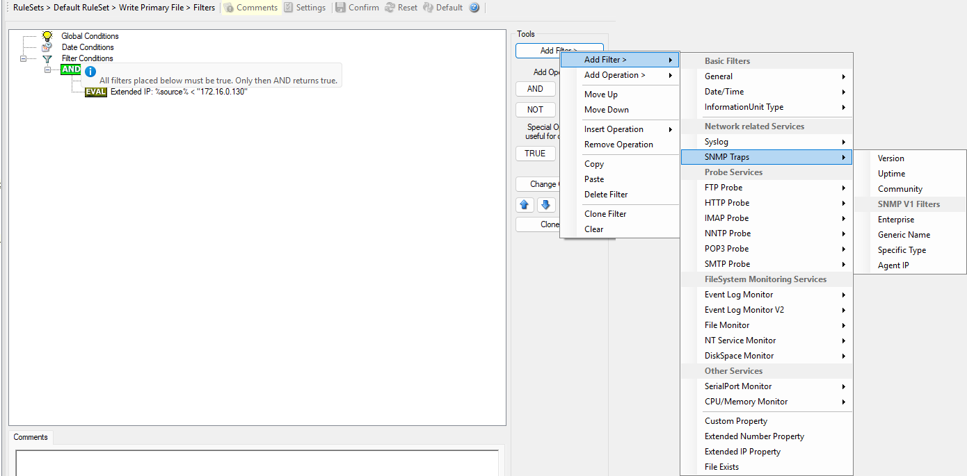 MonitorWare Agent Add Filter menu with SNMP Traps filters